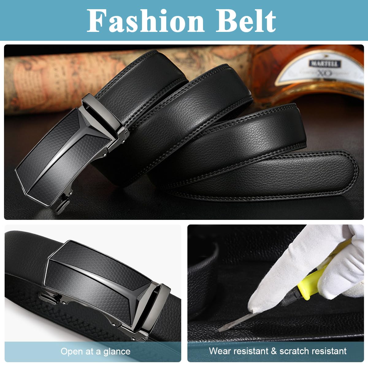 GUSTAVE Men's Belt Genuine Leather Slide Ratchet Belt with Automatic Buckle GUSTAVE Men's Belt Genuine Leather Slide Ratchet Belt with Automatic Buckle